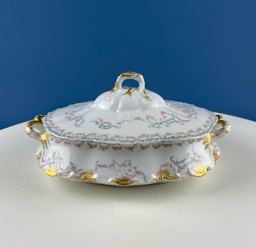 Antique Limoges Breakfast Lunch Dish Set for 8. Floral Motif: Forget-me-Nots Tea Roses. French Country Living. Dining Tea Room Decor.